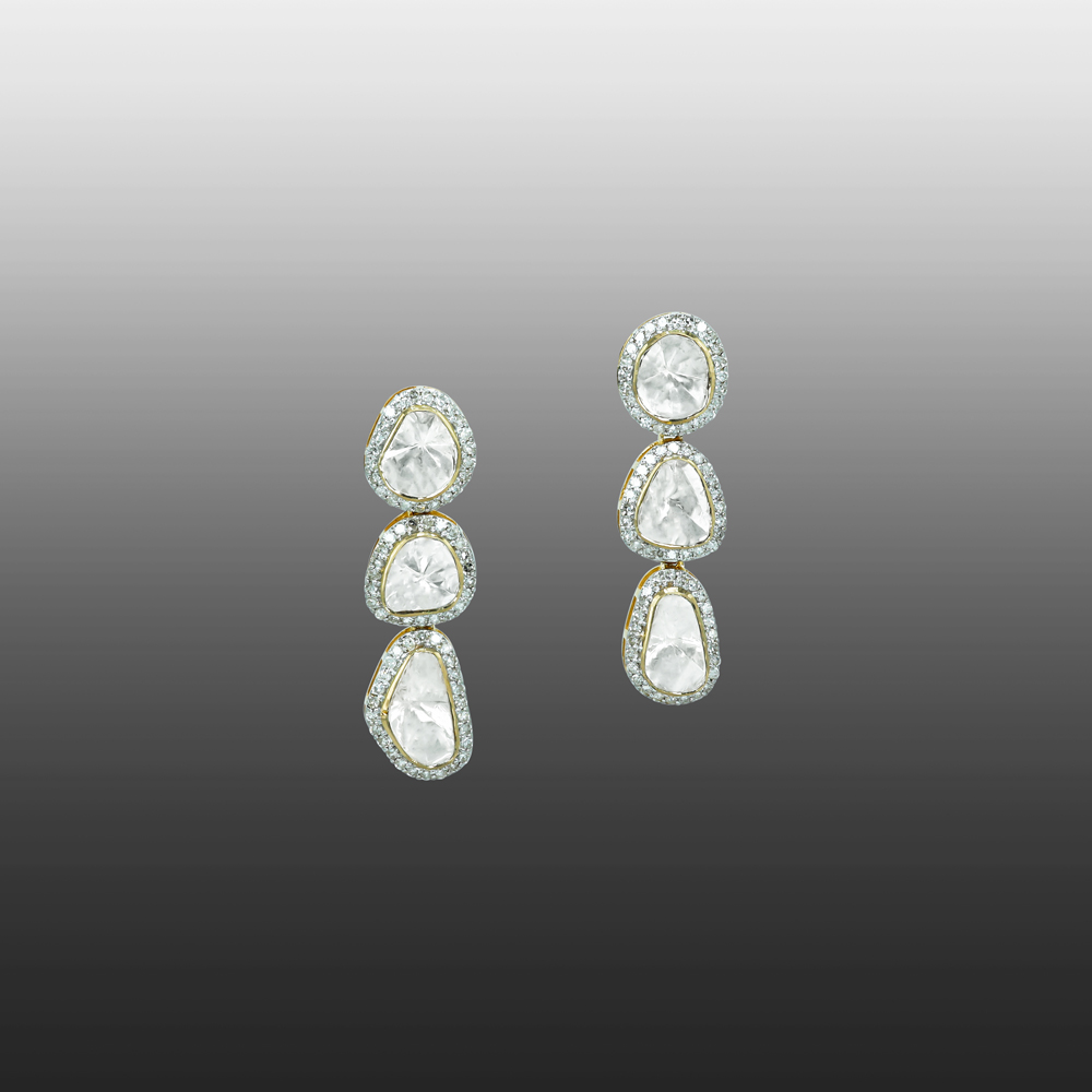 Triple Polki Diamond Drop Earrings with Sparkling Halos